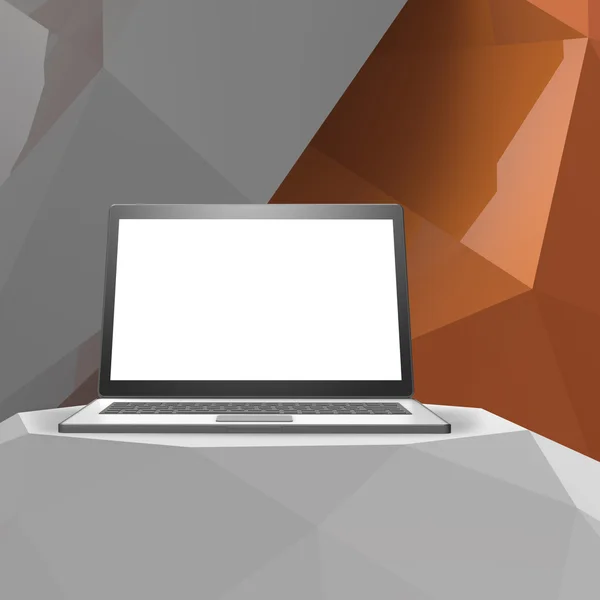 Laptop met leeg scherm op laminaat tabel en laag poly geometri — Stockfoto