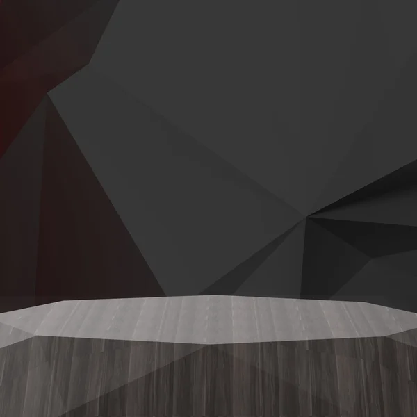 Empty low poly wooden shelf on laminate table and low poly geome — Stock Photo, Image