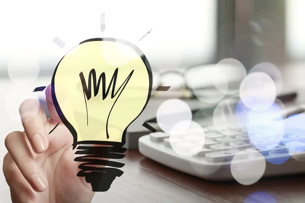 Hand drawing creative business strategy with light bulb as conce — Stock Photo, Image