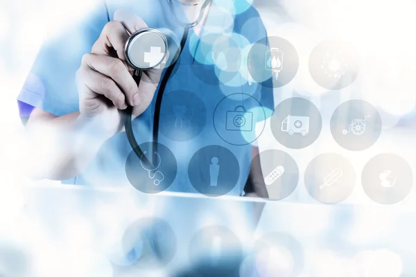 Medicine doctor hand working with modern computer interface as m — Stock Photo, Image