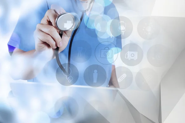 Double exposure of success smart medical doctor working with abs — Stock Photo, Image