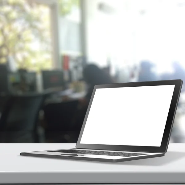 3d Laptop with blank screen on laminate table and blurred backgr — Stock Photo, Image