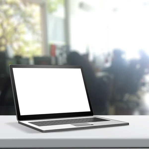 Laptop 3d con pantalla en blanco sobre tabla laminada y fondo borroso — Foto de Stock
