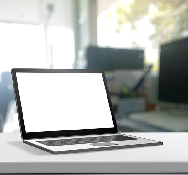 3d Laptop with blank screen on laminate table and blurred backgr — Stock Photo, Image