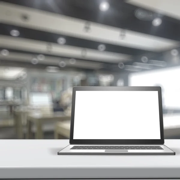 3d Laptop with blank screen on laminate table and blurred backgr — Stock Photo, Image