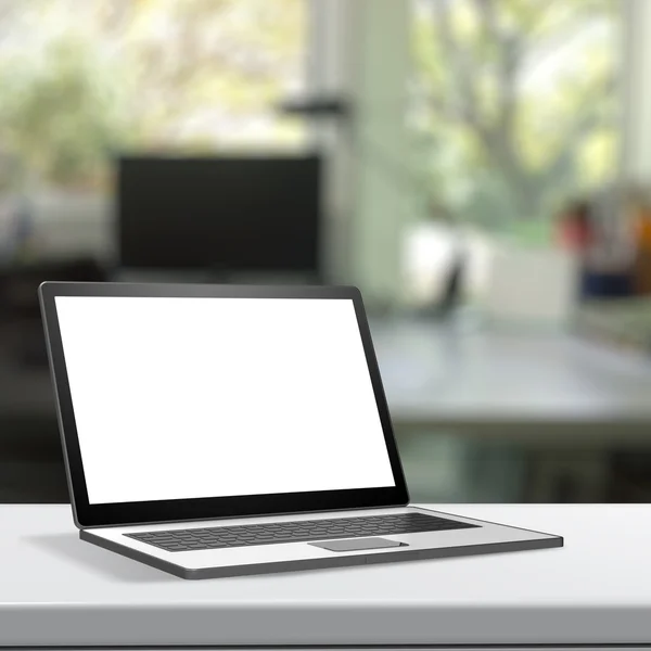 3d Laptop with blank screen on laminate table and blurred backgr — Stock Photo, Image