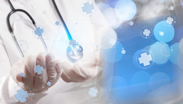 Medicine doctor hand working with modern computer interface as m — Stock Photo, Image