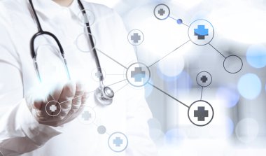 smart medical doctor hand showing network with bokeh exposure as clipart