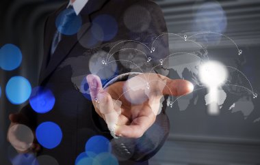 Yeni modern bilgisayar ile birlikte çalışma işadamı çift pozlama 