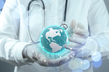 Akıllı tıp doktoru el gösteren ağ bokeh pozlama ile