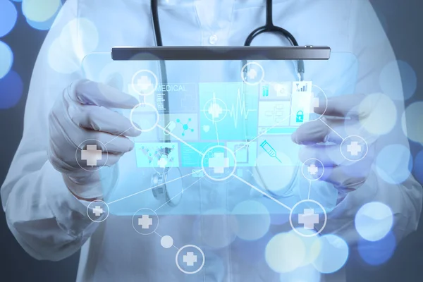 Smart medical doctor hand showing network with bokeh exposure as — Stock Photo, Image