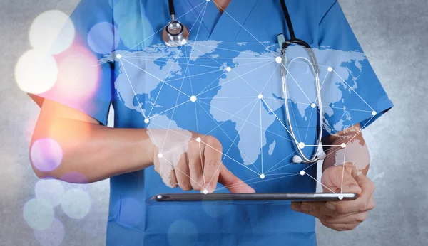 Smart medical doctor hand showing network with bokeh exposure as — Stock Photo, Image
