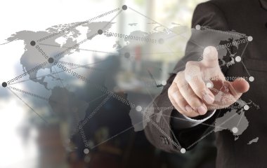 Yeni modern bilgisayar ile birlikte çalışma işadamı çift pozlama 