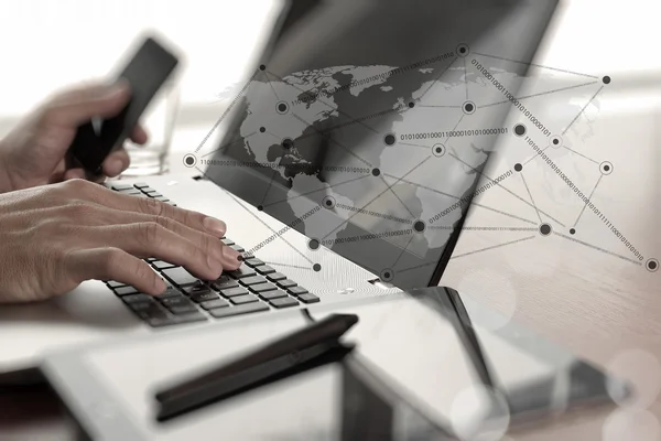 Close up of business man working on laptop computer with social — Stock Photo, Image