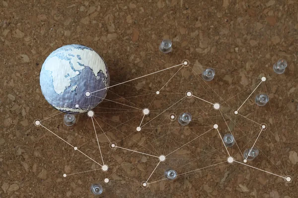 Hand drawn texture globe and social network diagram with pin on — Stock Photo, Image