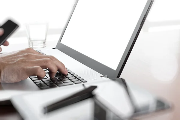 Young creative designer hand working with laptop at office as co — Stock Photo, Image