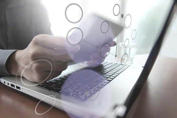 Business documents on office table with digital tablet and lapto — Stock Photo, Image