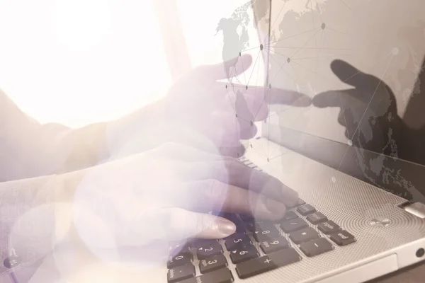 Close up of business man hand working on laptop computer with so — Stock Photo, Image