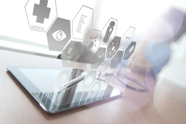 Doctor working with digital tabletr in medical workspace office — Stock Photo, Image