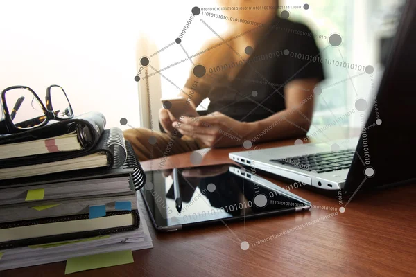 Designer hand working with  digital tablet and laptop and notebo — Stock Photo, Image