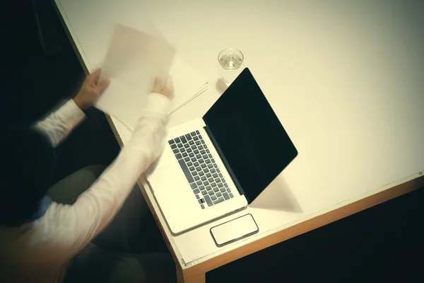 Top view of man working with business documents on office table — Stock Photo, Image