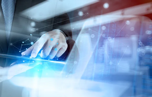 Double exposure of businessman working with new modern computer — Stock Photo, Image