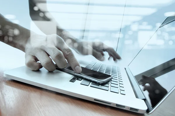 Double exposure of businessman hand working with smart phone wit — Stock Photo, Image