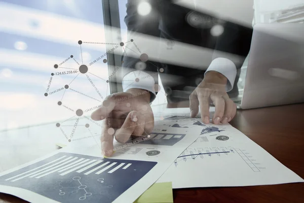 Double exposure of business man hand working on blank screen lap — Stock Photo, Image