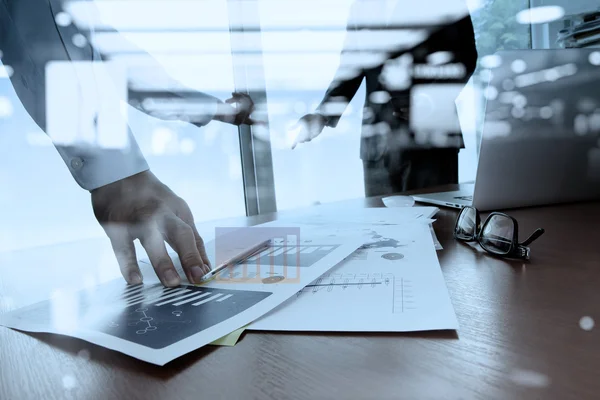 Double exposure of business documents on office table with smart — Stock Photo, Image