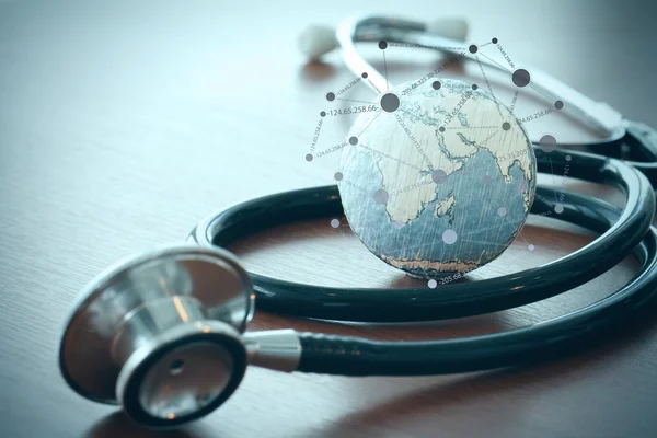 Stethoscoop en textuur wereldbol met digitale Tablet PC als medische net — Stockfoto