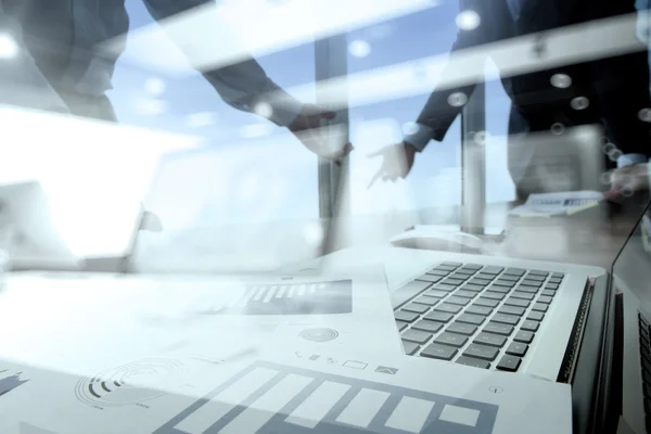 Double exposure of business documents on office table with smart — Stock Photo, Image