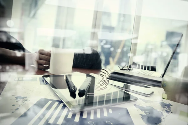 Double exposure of businessman hand working with new modern comp — Stock Photo, Image