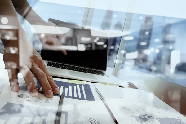 Double exposure of businessman hand working with new modern comp — Stock Photo, Image