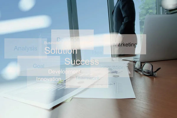 Double exposure of business documents on office table with smart — Stock Photo, Image