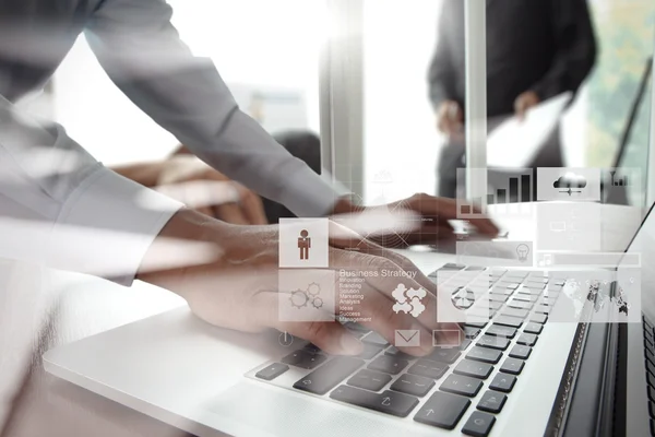 Double exposure of new modern laptop computer with businessman h — Stock Photo, Image