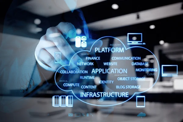 Empresário trabalhando com um diagrama de computação em nuvem no novo co — Fotografia de Stock