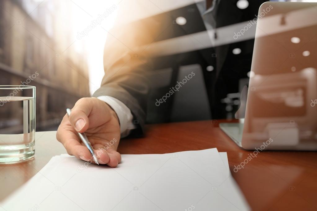 double exposure of businessman or salesman handing over a contra