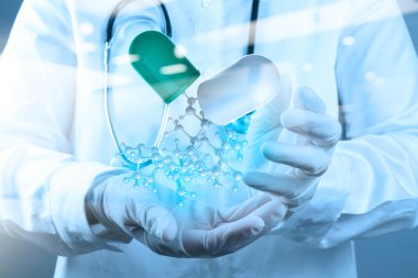 sanal moleküler yapısı bilim adamı doktor elini tutar