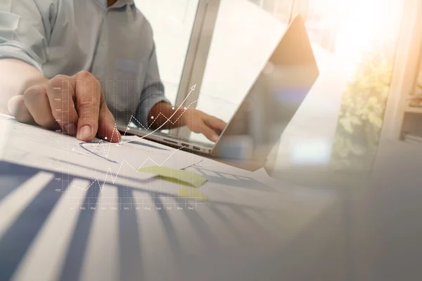 Double exposure of businessman hand working with new modern comp — Stock Photo, Image