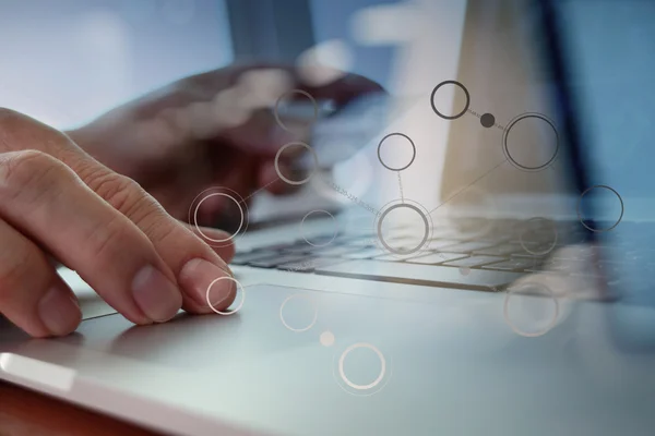 Close up of hands using laptop and holding credit card with soci — ストック写真