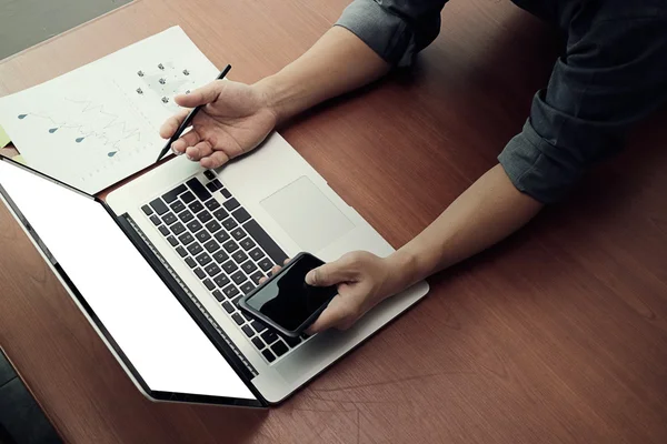 Top view of Double exposure of businessman hand working with new — Stock Photo, Image