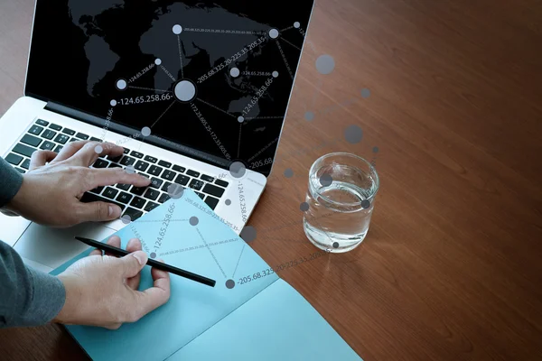 Top view of Double exposure of businessman hand working with new — Stock Photo, Image