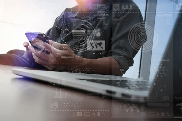 Double exposure of businessman hand working with mobile phone an — Stockfoto