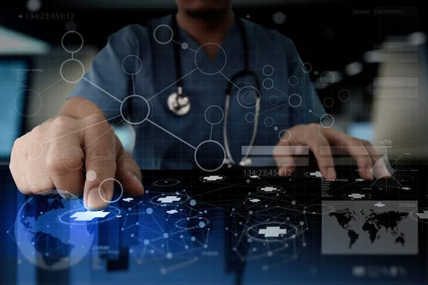 Medicine doctor hand working with modern computer interface as m — Stock Photo, Image