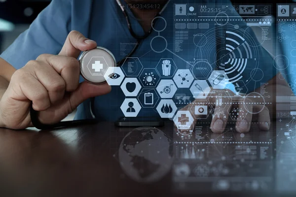 Medicine doctor hand working with modern computer interface as m — Stock Photo, Image