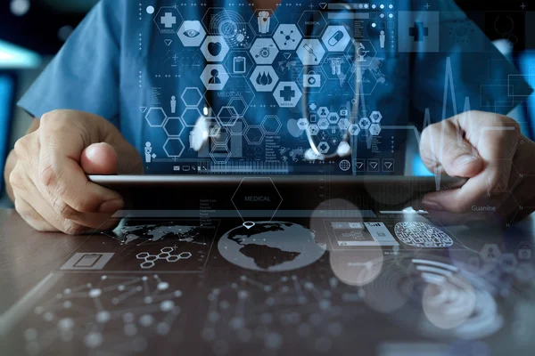 Medicine doctor hand working with modern computer interface as m — Stock Photo, Image