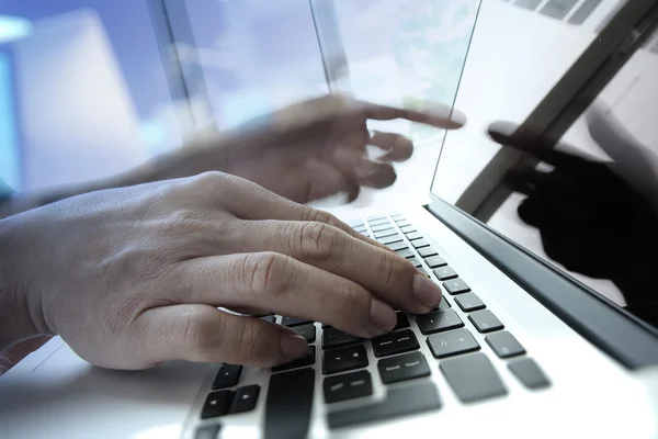 Double exposure of business man hand working on blank screen lap — Stock Photo, Image