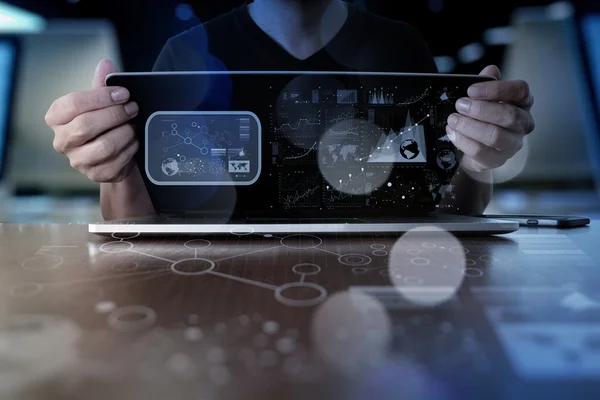 Business man hand working on laptop computer with digital layer — Stock Photo, Image