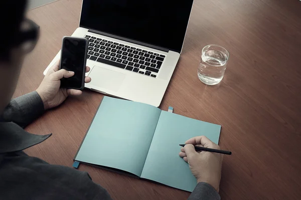 Op view of Double exposure of businessman hand working with new — Stock Photo, Image