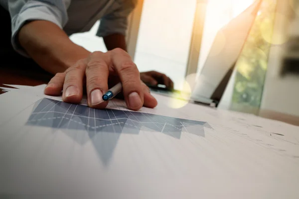 Double exposure of businessman hand working with new modern comp — Stock Photo, Image